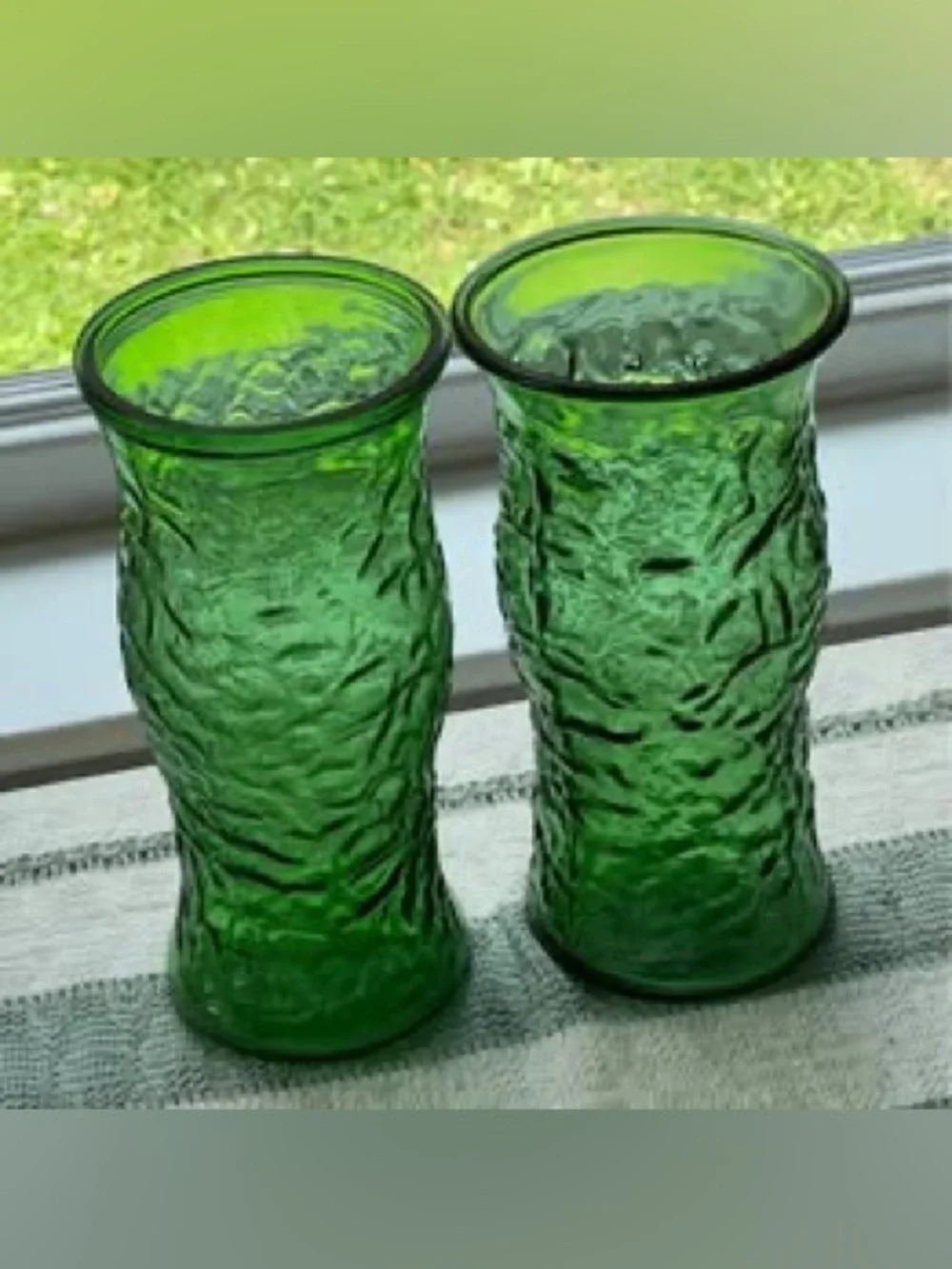 Pair of Vintage Green Textured Glass Vases
